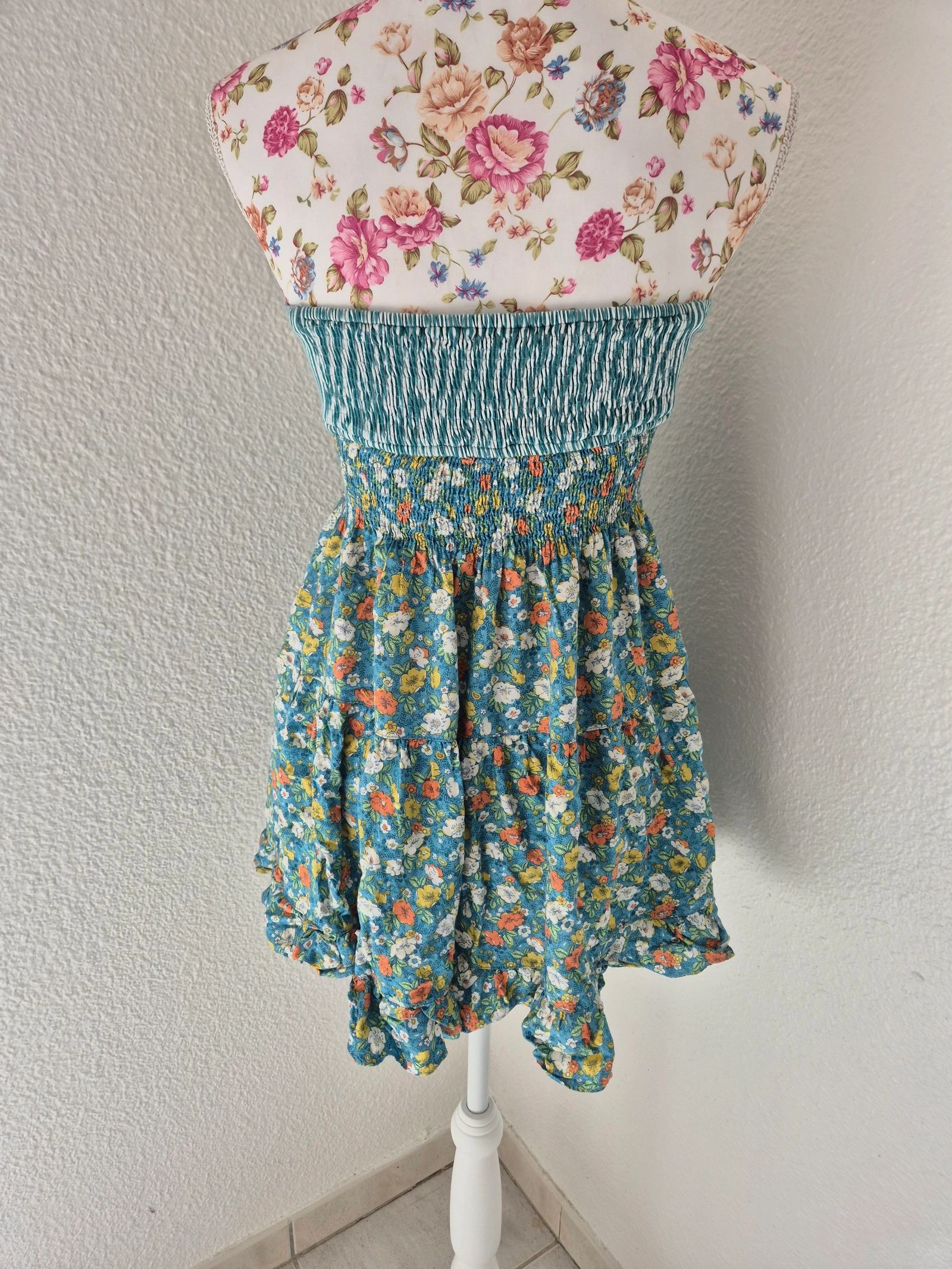 Vestido bustier Zara Trafaluc P 36 floral azul verde com babado boêmio verão viscose – photo 5